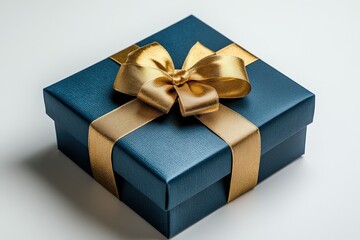 Elegant Dark Blue Gift Box with Gold Ribbon on a Soft White Background, Perfect for Any Special Occasion or Celebration
