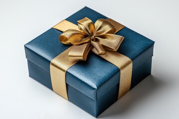 Obraz premium Elegant Blue Gift Box with Gold Ribbon on a Minimalist White Background Perfect for Various Celebrations and Special Occasions