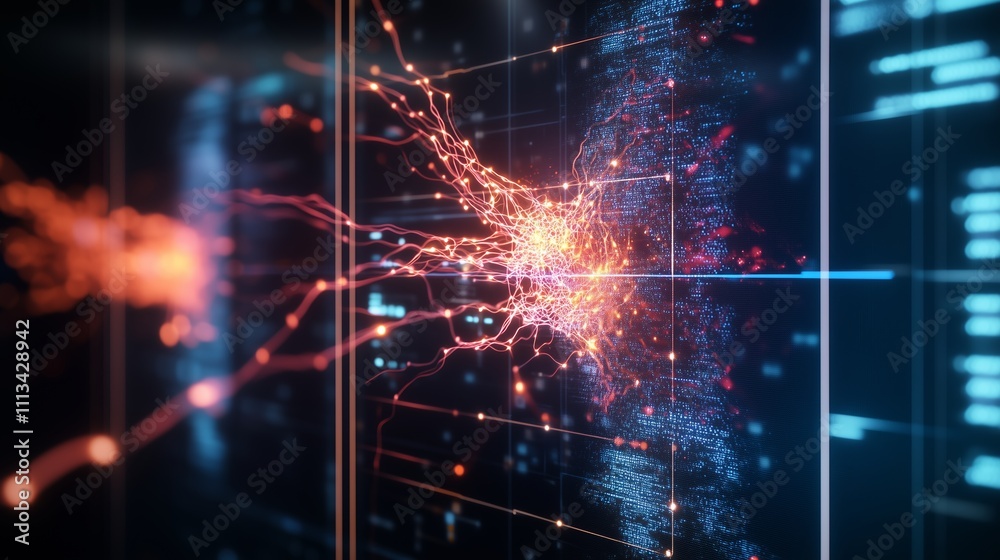 Poster displayed network of interconnected data points demonstrating technological advancements in digital 