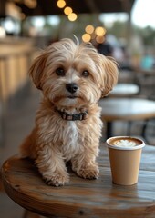 Cute puppy enjoying coffee at wooden table in café outdoor setting joyful lifestyle portrait