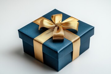 Elegant Dark Blue Gift Box Decorated with a Gold Ribbon Perfect for Special Occasions on a Clean White Background