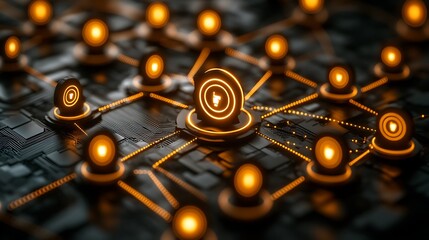 Network nodes interconnected, glowing, data transfer.