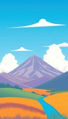 Fototapeta premium a cartoon illustration of a mountain landscape with a river running through