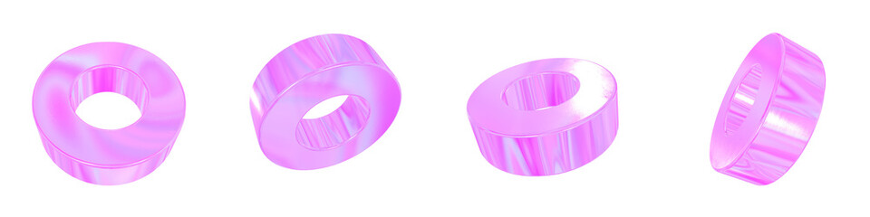 Set of 4 3d iridescent tube isolated on a transparent background. Pink tone. 3d elements for graphic design.