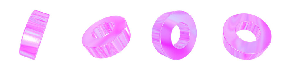 Set of 4 3d iridescent tube isolated on a transparent background. Pink tone. 3d elements for graphic design.