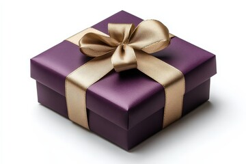 Fototapeta premium Elegant Dark Purple Gift Box with Gold Ribbon on White Background for Creative Presentations and Celebrations