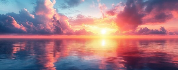 Vibrant sunset over calm ocean with pink orange hues ethereal dreamlike sky