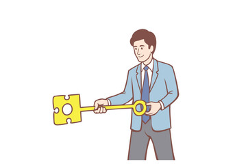 A young businessman is holding a golden key to unlock the exit door of success. Hand drawn style vector design illustrations.
