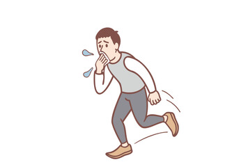 A young man has a cold. His nose is running and he covers his nose because he is not wearing a mask. Hand drawn style vector design illustrations.