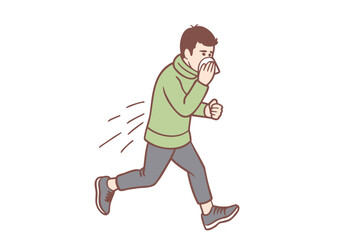 A young man has a cold. His nose is running and he covers his nose because he is not wearing a mask. Hand drawn style vector design illustrations.