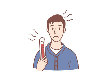 A young man is sick and has a thermometer indicating that his fever is high. Hand drawn style vector design illustrations.
