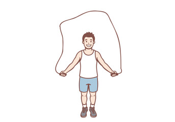 A young man is exercising by jumping rope. Hand drawn style vector design illustrations.
