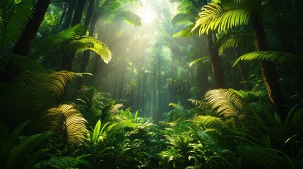 Naklejka premium Sunbeams pierce a lush, vibrant tropical rainforest, illuminating the dense foliage and creating a mystical atmosphere.