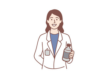 Fototapeta premium A young female pharmacist is holding a bottle of medicine. Hand drawn style vector design illustrations. 