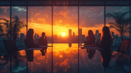 Diverse Women Presenting Marketing Report in Modern Conference Room with City View
