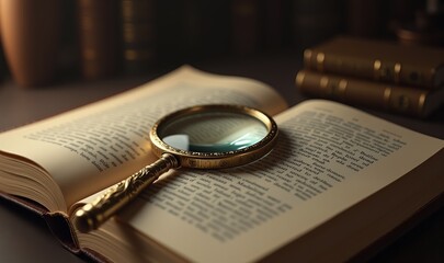 Explore the world of knowledge with a magnifying glass over an open book, symbolizing research, discovery, and learning in a scholarly environment.