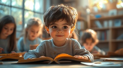 Children in a classroom surrounded by educational tools, joyfully learning to read with the guidance of their teacher 