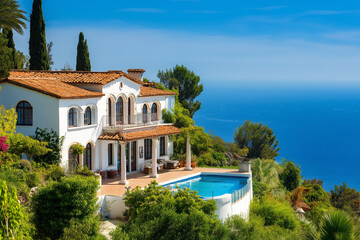 Fototapeta premium Traditional Mediterranean white house with pool on hill