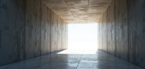 A minimalist architectural space with a bright exit, symbolizing opportunity and innovation. Perfect for business contexts related to growth, new beginnings, and creativity.