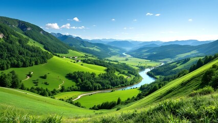 Fototapeta premium Lush green valley with a winding river, under a clear blue sky, perfect symmetry and vivid