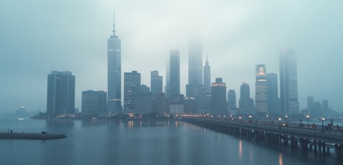 Obraz premium A misty skyline view of a modern city, capturing the essence of urban life and architecture, ideal for business, travel, or lifestyle projects.