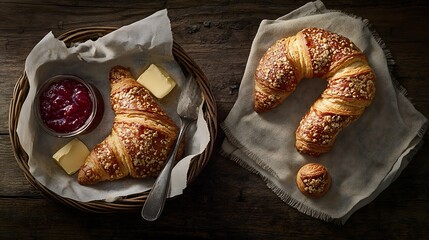 Two croissants, jam, butter, question mark shape.