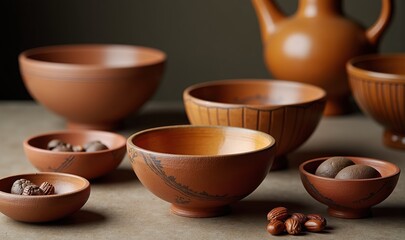 A collection of beautifully crafted ceramic bowls and a teapot, showcasing earthy tones and unique designs, perfect for home decor, culinary art, or artisanal marketing.