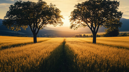 Fototapeta premium Golden Wheat Field at Sunset with Two Symmetrical Trees Framing the Horizon