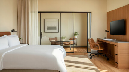 Fototapeta premium A modern hotel room featuring comfortable bed, stylish furniture, and large window that allows natural light to fill space, creating warm and inviting atmosphere