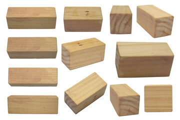 Set collection of wooden block toys from multiple angles, cut out isolated