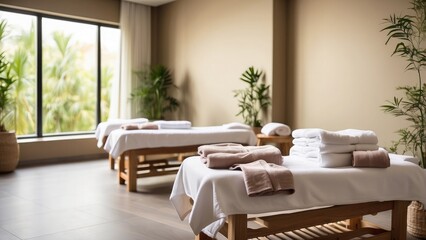 Towels and head rests on massage tables in a health spa treatment room, copy space-