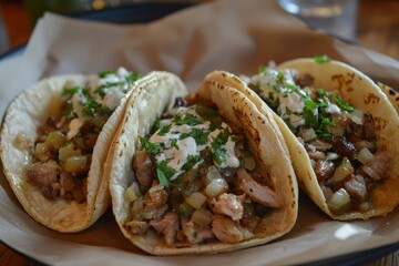 Delicious tacos with meat, onions, cilantro, and a creamy sauce. Perfect for food blogs, restaurant menus, or any project needing appetizing imagery.