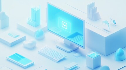 3D rendered minimalist digital workspace with computer and email icon.