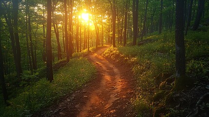 Naklejka premium Mountain biking trail in a forest, with sunlight filtering through the trees, and dirt paths winding through the landscape 