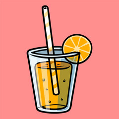 orange juice on the glass isolated colored drawing line art style sketch classic vintage design illustration