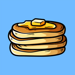 stack of pancakes with butter isolated colored drawing line art style sketch classic vintage design illustration