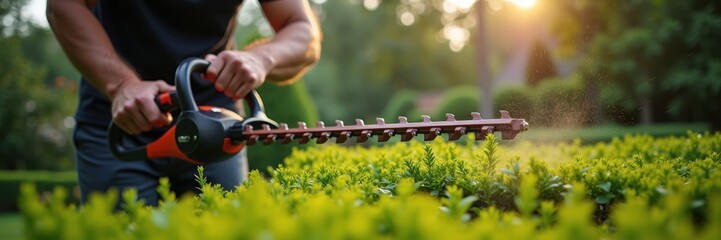A gardener using an electric hedge trimmer to shape a lush green hedge in a sunlit garden, illustrating precision and care in landscaping work.
