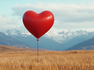 Heart balloon in golden field nature scene isolated landscape peaceful environment romantic concept