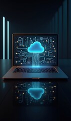 A modern laptop displays a glowing cloud symbol, representing cloud computing and digital innovation in technology and business.