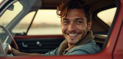 A cheerful young man smiles while sitting in a vintage car, embodying carefree adventure and joy.
