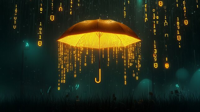 A glowing yellow umbrella stands in a surreal, digital landscape with binary rain.
