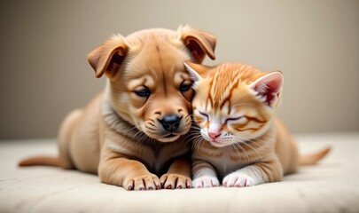 Adorable puppy and kitten cuddling together, radiating warmth and affection, perfect for pet care, veterinary services, or animal adoption campaigns.