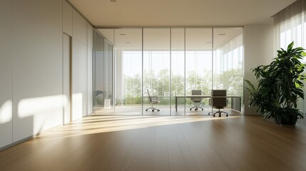 Bright, modern office space with large glass windows and minimalistic furniture in a serene environment