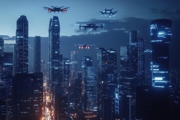 Fototapeta premium Futuristic industrial smart city skyline at night with drones overhead urban landscape high-tech environment aerial view quality for enhanced visual experience