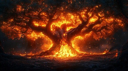 Enchanted Campfire in Mysterious Ancient Forest Landscape