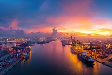 Fototapeta premium Industrial port at dawn a panoramic view of cargo ships and cranes in an urban environment with vibrant skies capturing the essence of maritime industry and workforce