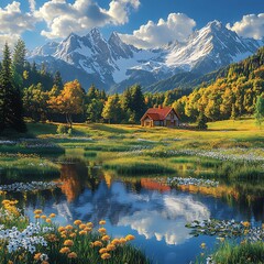 Fototapeta premium Cozy cabin perched beside river with dramatic snowy mountain views picture