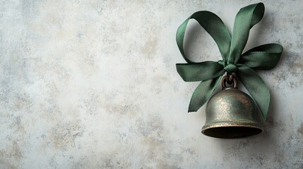 Vintage holiday bell with green ribbon on rustic background for festive decoration
