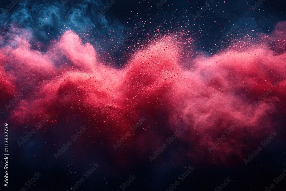 Poster vibrant red powder explosion against dark background dynamic motion abstract expressionism