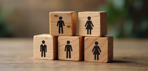 Wooden blocks with gender symbols representing diversity and inclusion in the workplace, symbolizing gender balance and equality in business settings.